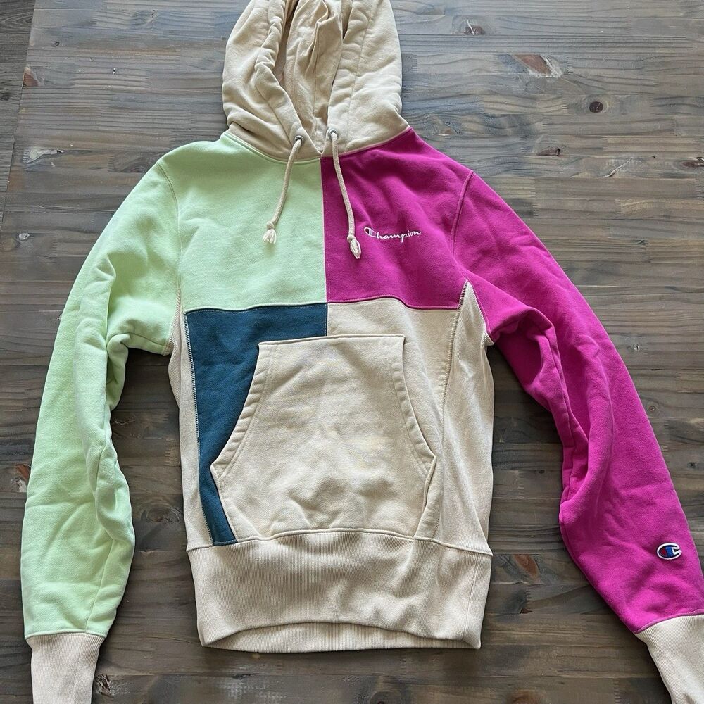Champion Reverse Weave Hoodie XS Extra Small Taupe Color Block Pullover Pink